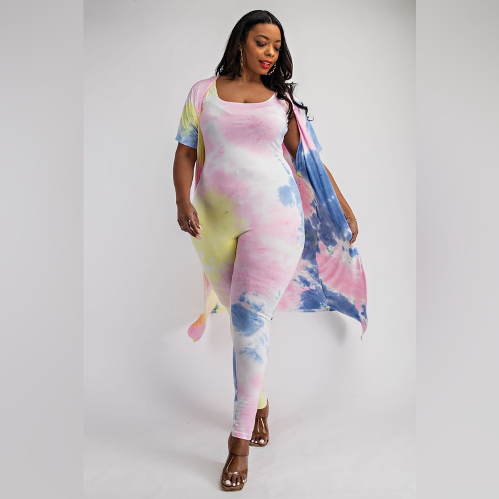 PLUS SIZE TANK JUMPSUIT WITH MAXI CARDIGAN